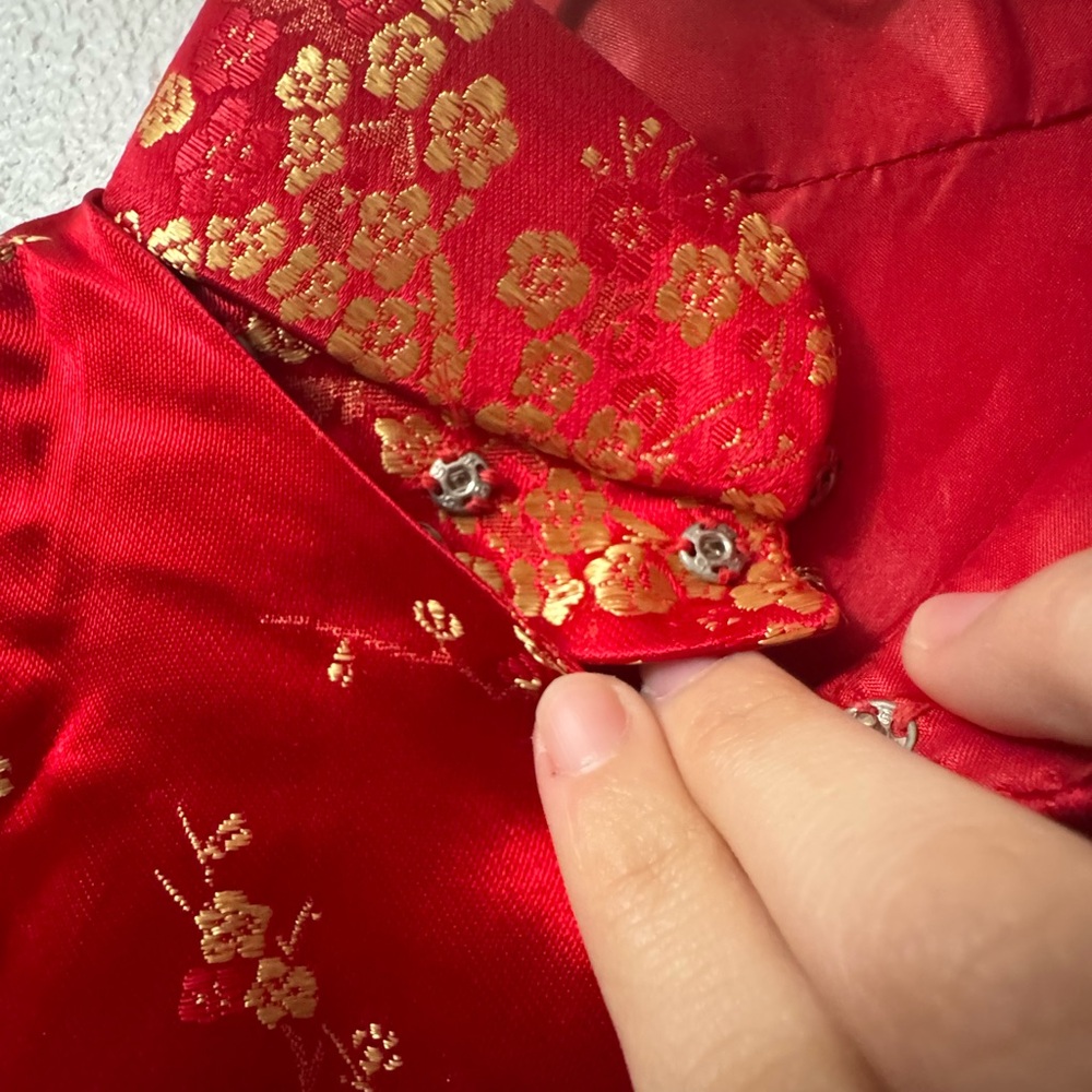 Vintage Red Authentic High Neck Button Up Qipao Floral Side Slit Chinese Gold - Picture 5 of 5